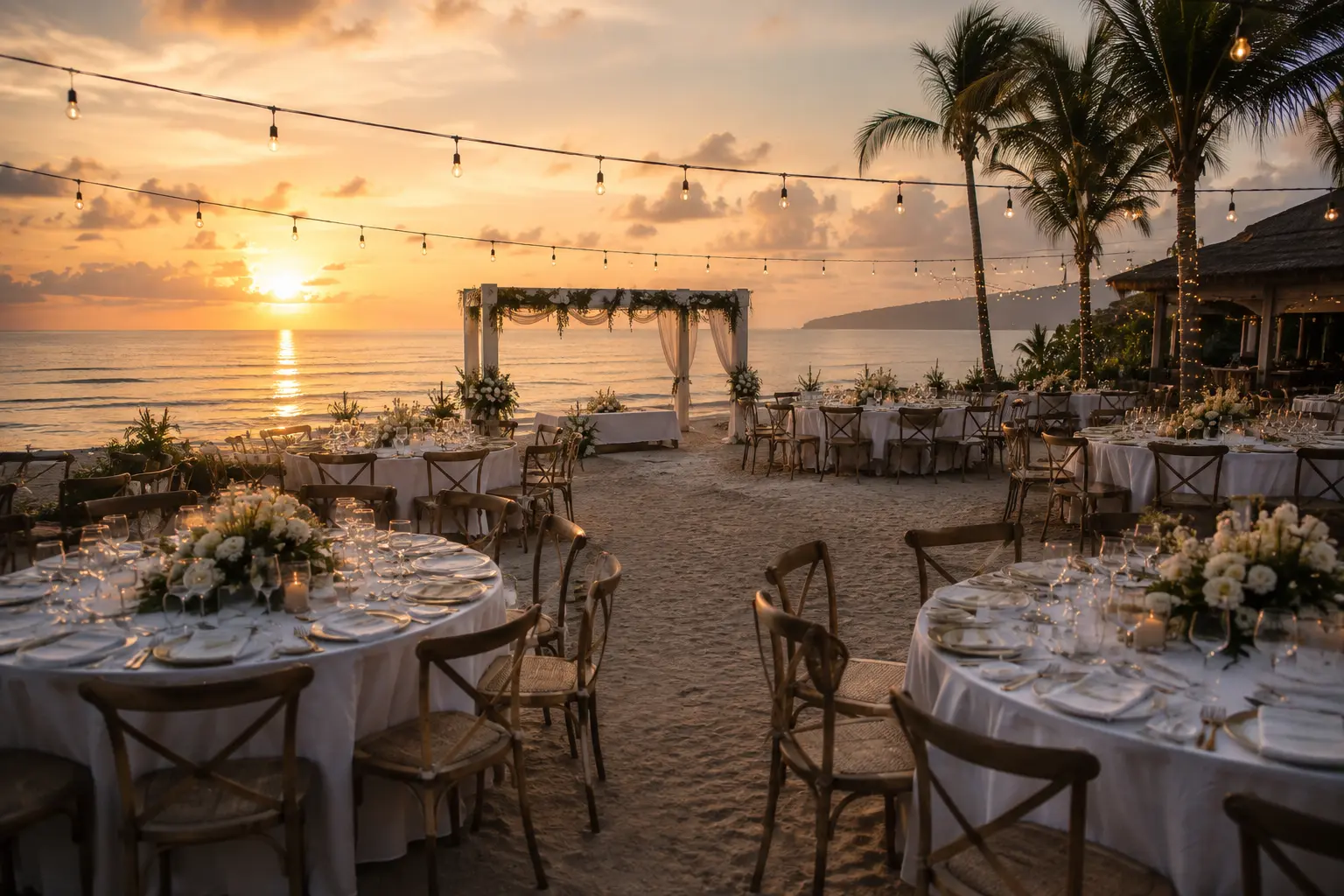 Unique event venues in Bali featuring an oceanfront outdoor celebration overlooking a tropical sunset