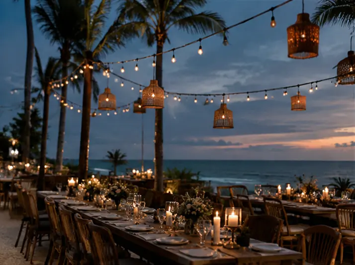 Outdoor birthday dinner setup overlooking the Bali coastline — Long dining table with candles, floral centerpieces, lanterns, and tropical scenery creating a relaxed celebration atmosphere.