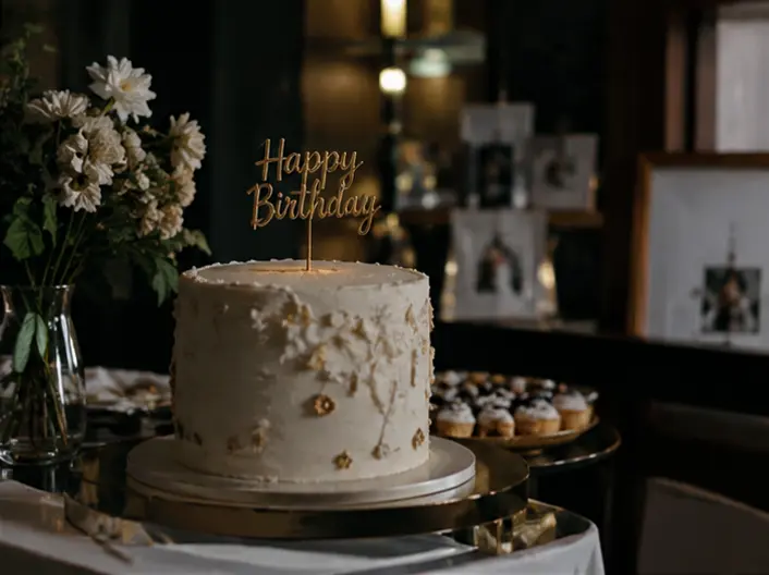 Indoor birthday celebration with friends gathered around a decorated cake — Intimate party setting with candles, floral arrangements, and guests celebrating together.