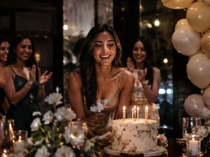Indoor birthday celebration with friends gathered around a decorated cake — Intimate party setting with candles, floral arrangements, and guests celebrating together.