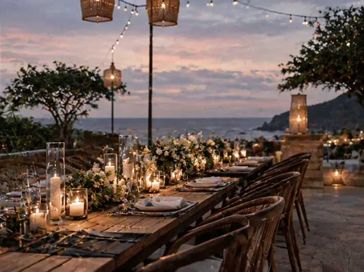 Outdoor birthday dinner setup overlooking the Bali coastline — Long dining table with candles, floral centerpieces, lanterns, and tropical scenery creating a relaxed celebration atmosphere.