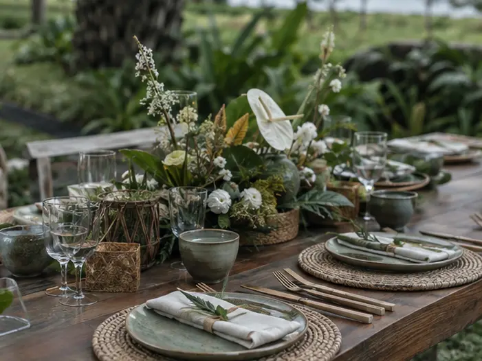 A close-up tablescape featuring reusable ceramic plates, seasonal local flowers, and natural woven placemats