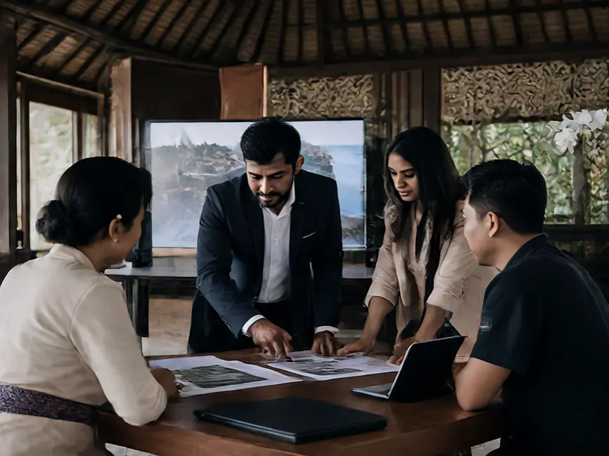 Indian event planner Bali team reviewing a corporate itinerary inside a traditional Balinese pavilion