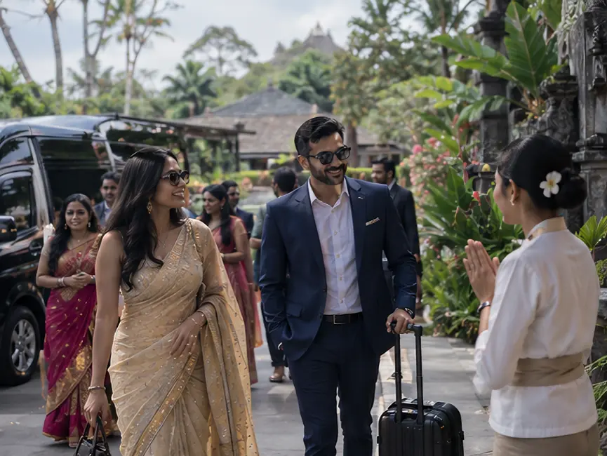 Indian corporate guests are welcomed by staff coordinated through a Destination Management Company in Bali
