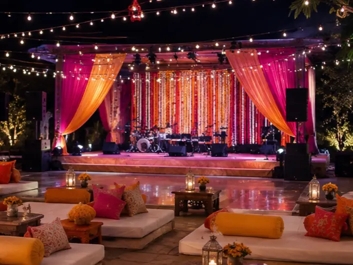 Festive indian wedding planner decor with colorful cushions, floral accents, lanterns, and an open performance stage