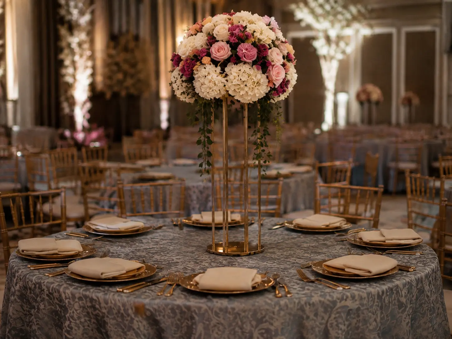 Elegant Indian wedding reception table with floral centerpiece and refined gold tableware