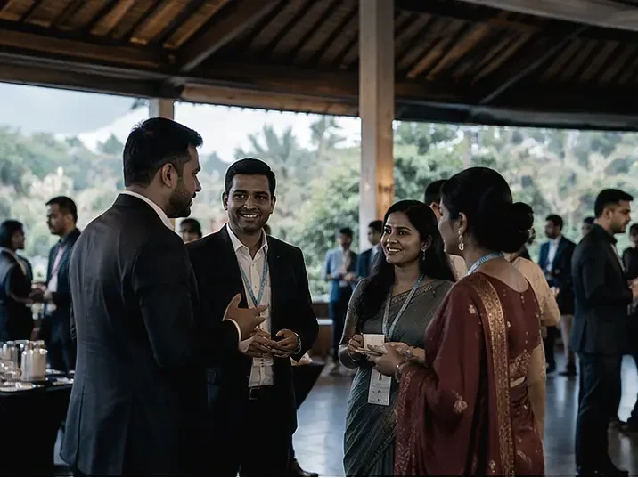 Indian corporate delegates networking indoors under a traditional Balinese pavilion during a business event
