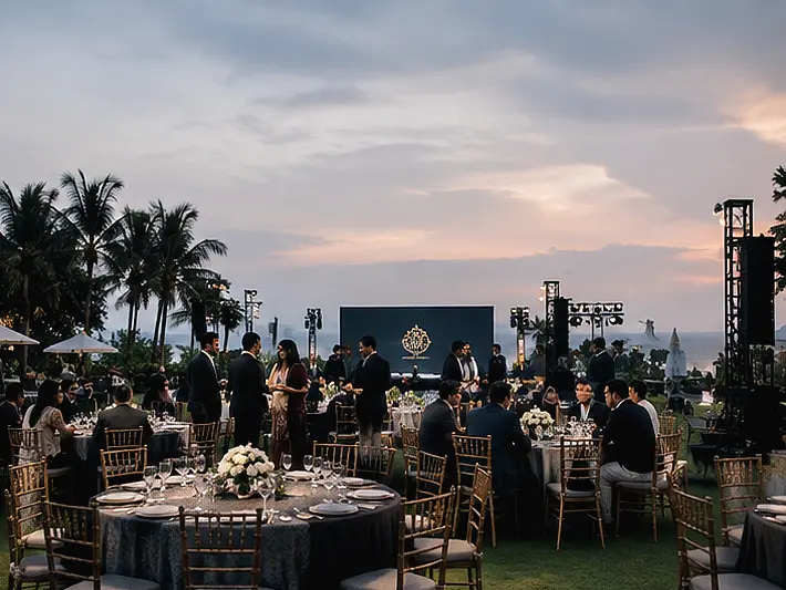 Outdoor corporate event reception at sunset with guests, round tables, and a stage overlooking palm trees in Bali