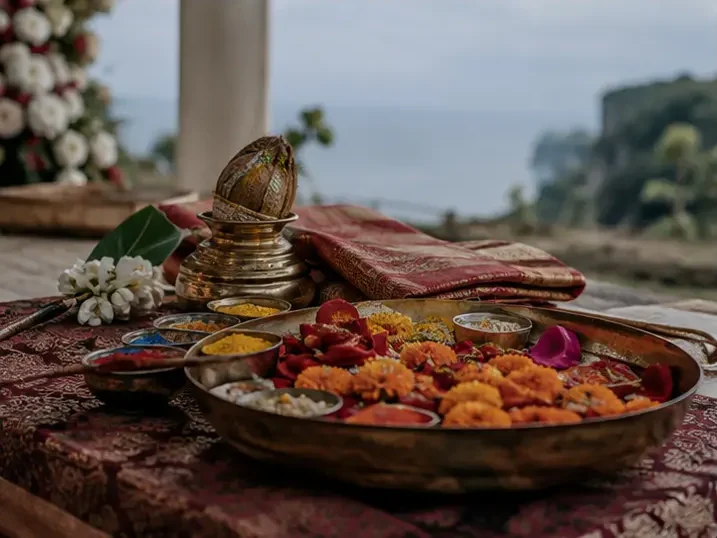 Traditional Indian wedding ceremony arrangements and ritual offerings prepared for a multi-day celebration at an outdoor Bali wedding venue.