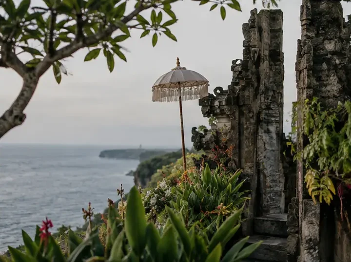 Traditional Indian wedding ceremony arrangements and ritual offerings prepared for a multi-day celebration at an outdoor Bali wedding venue.