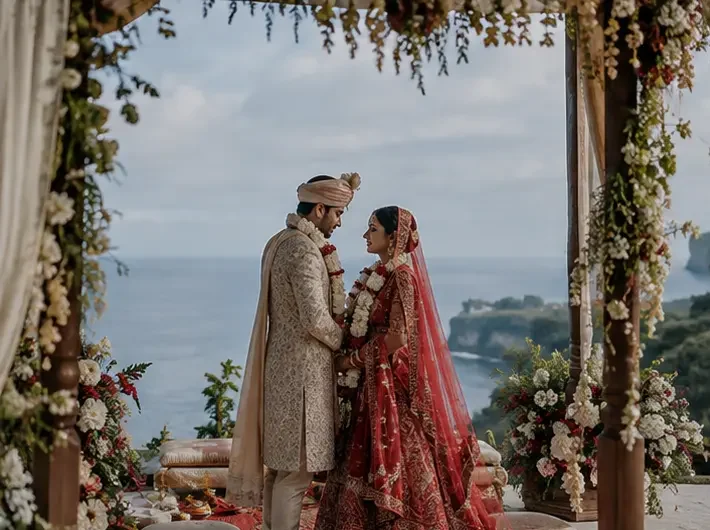 Indian wedding bali celebration combining traditional Indian wedding rituals with an elegant outdoor venue surrounded by tropical Balinese scenery.