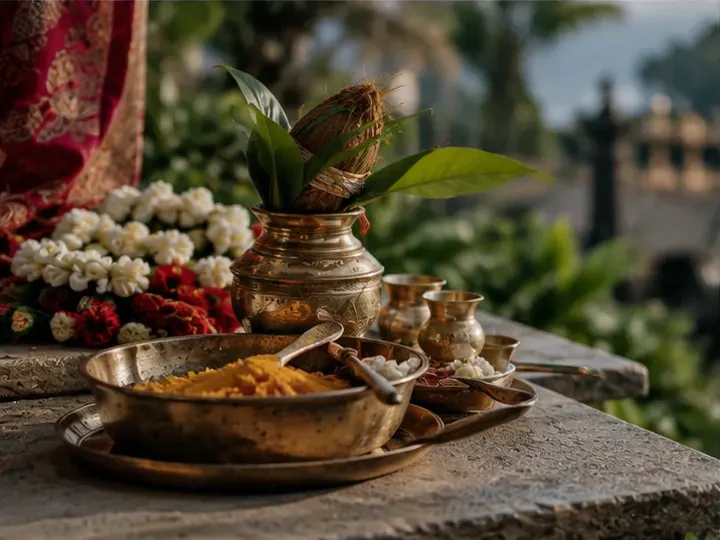 Traditional Indian wedding ceremony arrangements and ritual offerings prepared for a multi-day celebration at an outdoor Bali wedding venue.