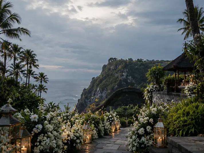 Elegant outdoor wedding venue in Bali arranged for an Indian wedding ceremony and reception